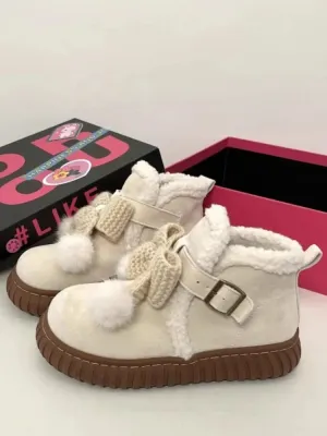 Hnzxzm Winter Slip-on Snow Boots Women's Fleece Thickened Bow Cotton Ankle Shoes Outwear Warm Plush Mid Heel Kawaii Girls Shoes