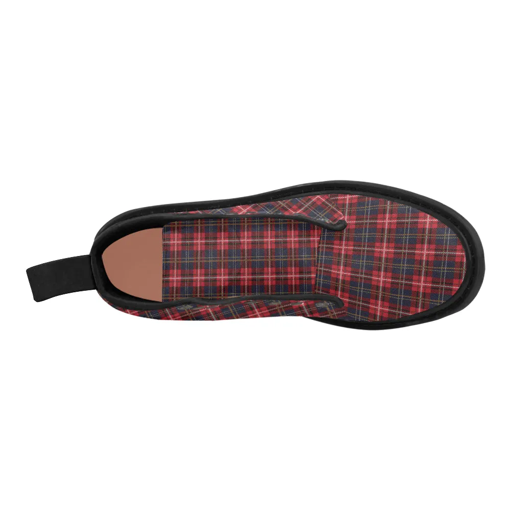 Red Buffalo Plaid Women's Boots, Tartan Black Check Lumberjack Vegan Canvas Lace Up Shoes Print Army Ankle Combat Winter Casual Custom Gift