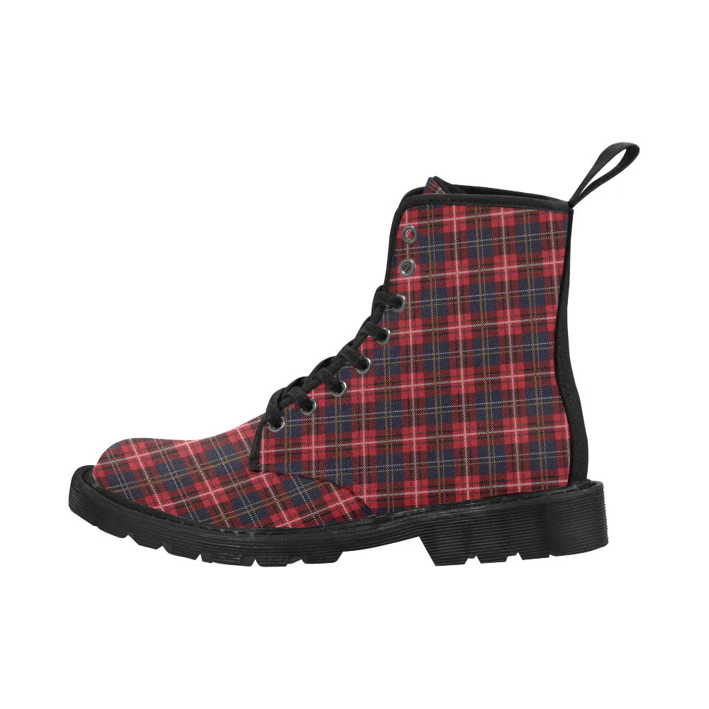 Red Buffalo Plaid Women's Boots, Tartan Black Check Lumberjack Vegan Canvas Lace Up Shoes Print Army Ankle Combat Winter Casual Custom Gift