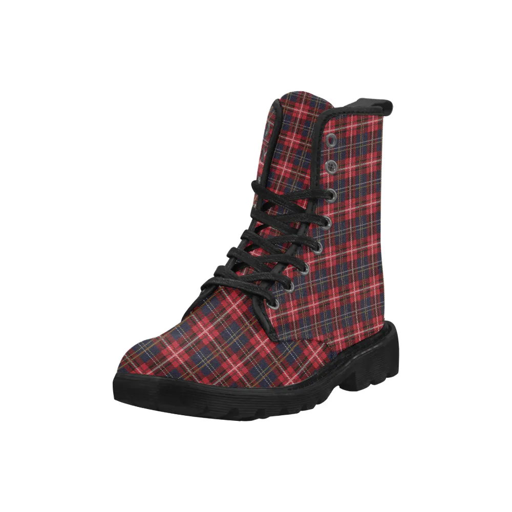 Red Buffalo Plaid Women's Boots, Tartan Black Check Lumberjack Vegan Canvas Lace Up Shoes Print Army Ankle Combat Winter Casual Custom Gift