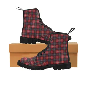 Red Buffalo Plaid Women's Boots, Tartan Black Check Lumberjack Vegan Canvas Lace Up Shoes Print Army Ankle Combat Winter Casual Custom Gift