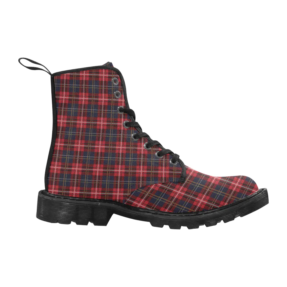 Red Buffalo Plaid Women's Boots, Tartan Black Check Lumberjack Vegan Canvas Lace Up Shoes Print Army Ankle Combat Winter Casual Custom Gift