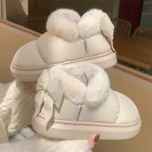 Sohiwoo Cute Warm Ankle Boots Winter Women's Bow Warmth Plush Bow Cotton Shoes 2024 New Waterproof Down Cloth Short Barrel Snow Boots
