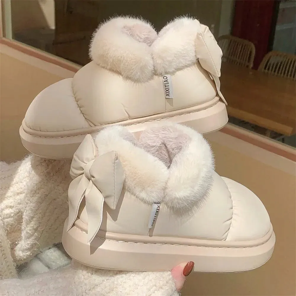 Sohiwoo Cute Warm Ankle Boots Winter Women's Bow Warmth Plush Bow Cotton Shoes 2024 New Waterproof Down Cloth Short Barrel Snow Boots