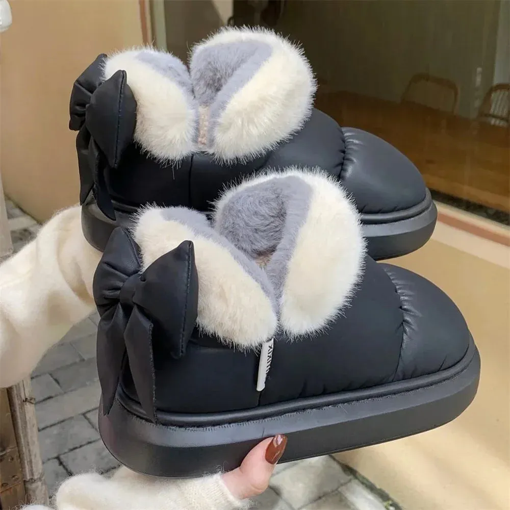 Sohiwoo Cute Warm Ankle Boots Winter Women's Bow Warmth Plush Bow Cotton Shoes 2024 New Waterproof Down Cloth Short Barrel Snow Boots