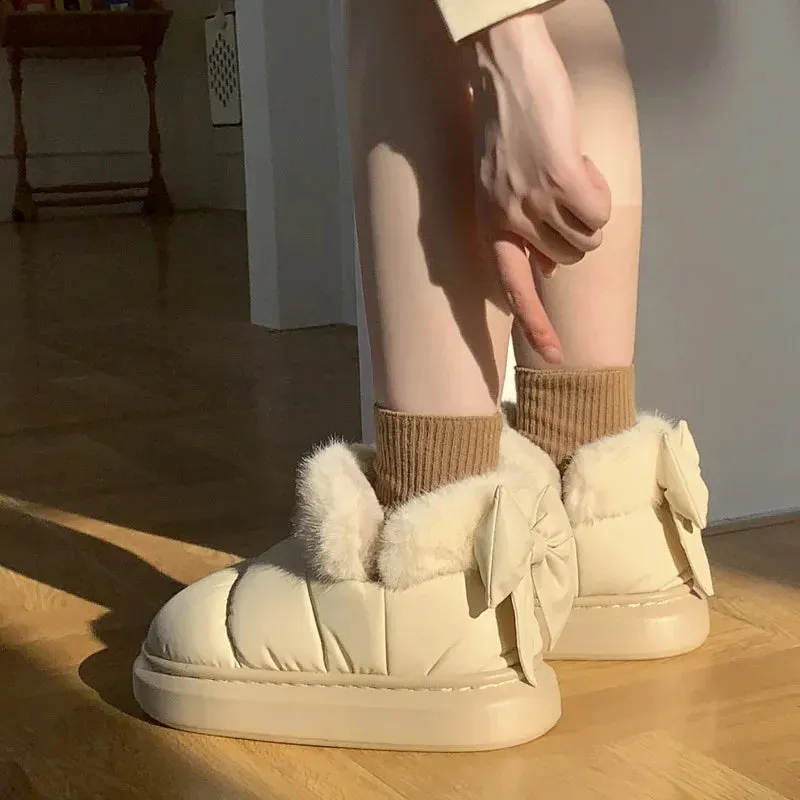 Sohiwoo Cute Warm Ankle Boots Winter Women's Bow Warmth Plush Bow Cotton Shoes 2024 New Waterproof Down Cloth Short Barrel Snow Boots