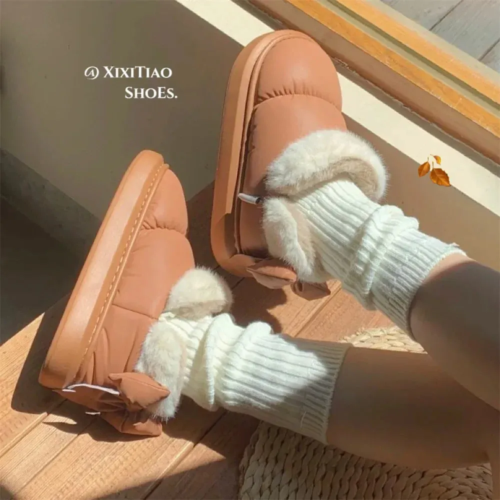 Sohiwoo Cute Warm Ankle Boots Winter Women's Bow Warmth Plush Bow Cotton Shoes 2024 New Waterproof Down Cloth Short Barrel Snow Boots